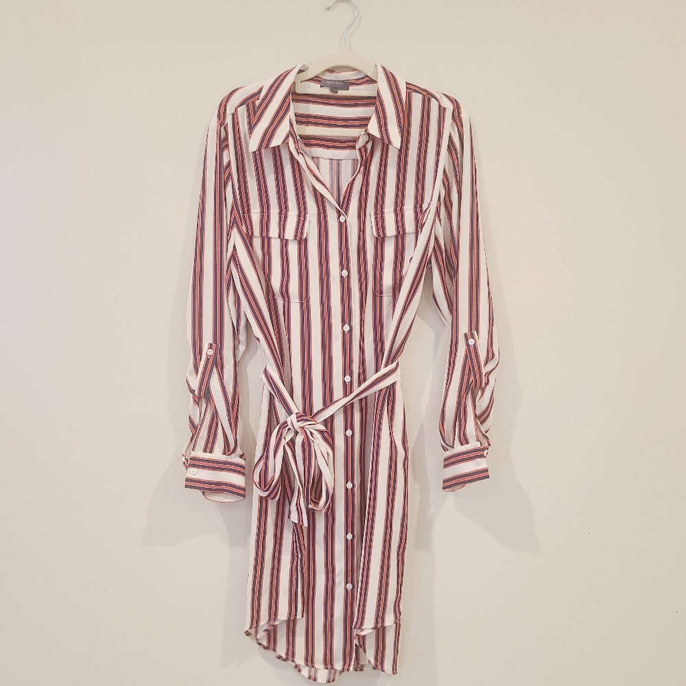 Madison Button Down Long Sleeve Red Vertical Stripe Shirt Dress